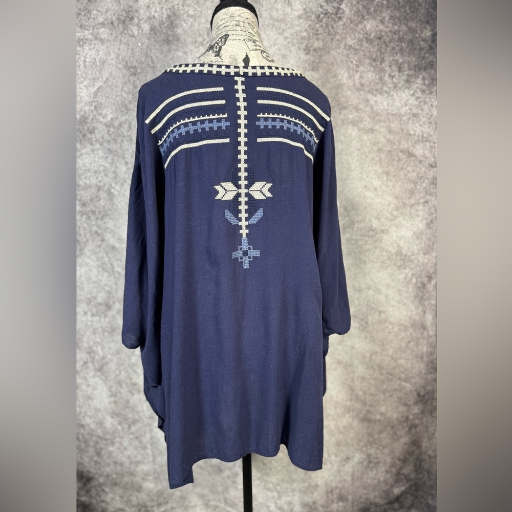 Monoreno Navy Boho Chic Tunic with Geometric Embroidery Linen Blend Size L - Picture 6 of 12